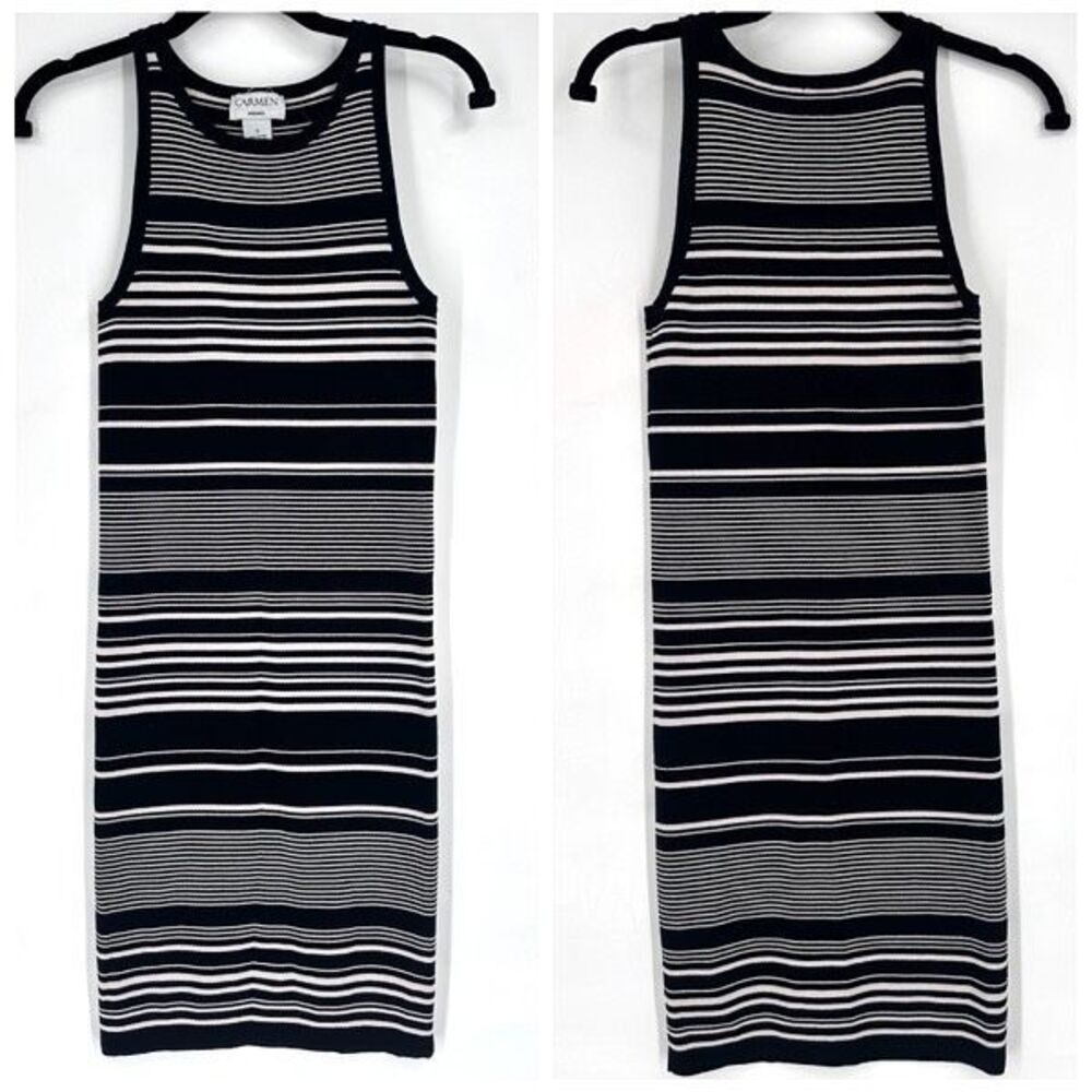 Carmen Marc Valvo Bodycon Midi Dress S Black White Stripe Sleeveless Knit Stretc